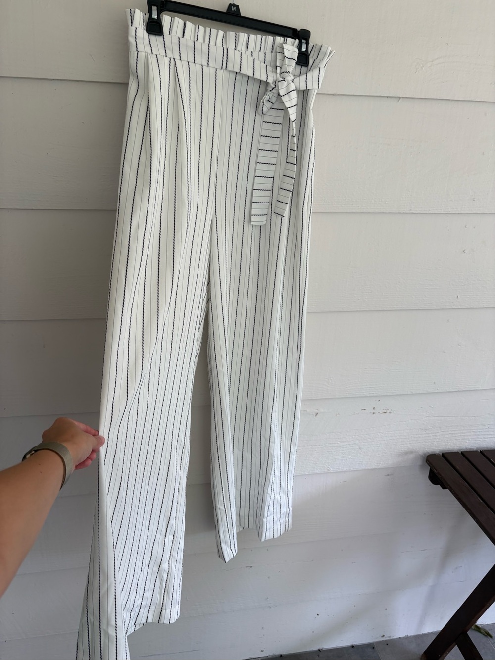 Forever 21 White Black Pinstripe Paperbag Waist Wide Leg Pants Medium Tie Belt
